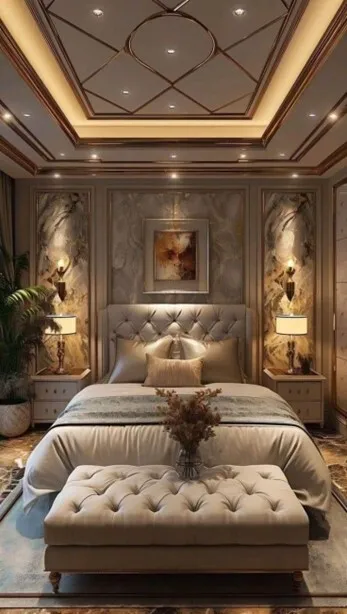 Luxurious modern bedroom, tufted bed, marble wall.