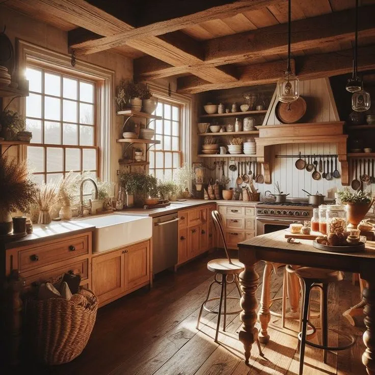  U-shaped kitchen with wooden cabinetry, open shelving, apron sink, exposed beams, and vintage decor.