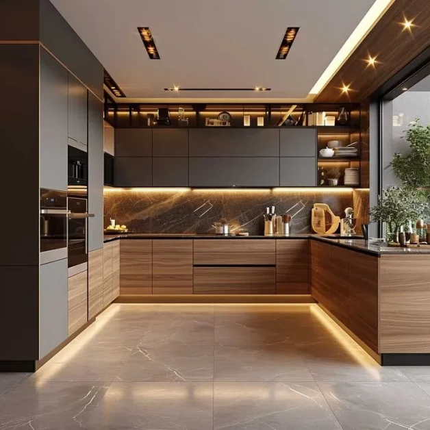  U-shaped kitchen with a combination of matte black and wooden cabinetry