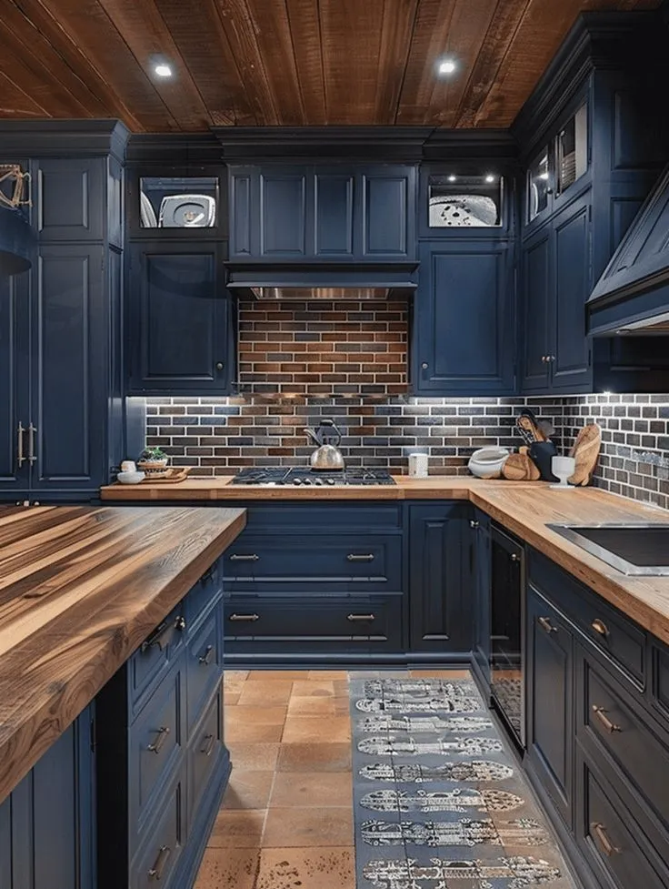 U-shaped kitchen with navy-blue cabinets, wooden countertops, brick backsplash, and warm rustic-modern aesthetics.