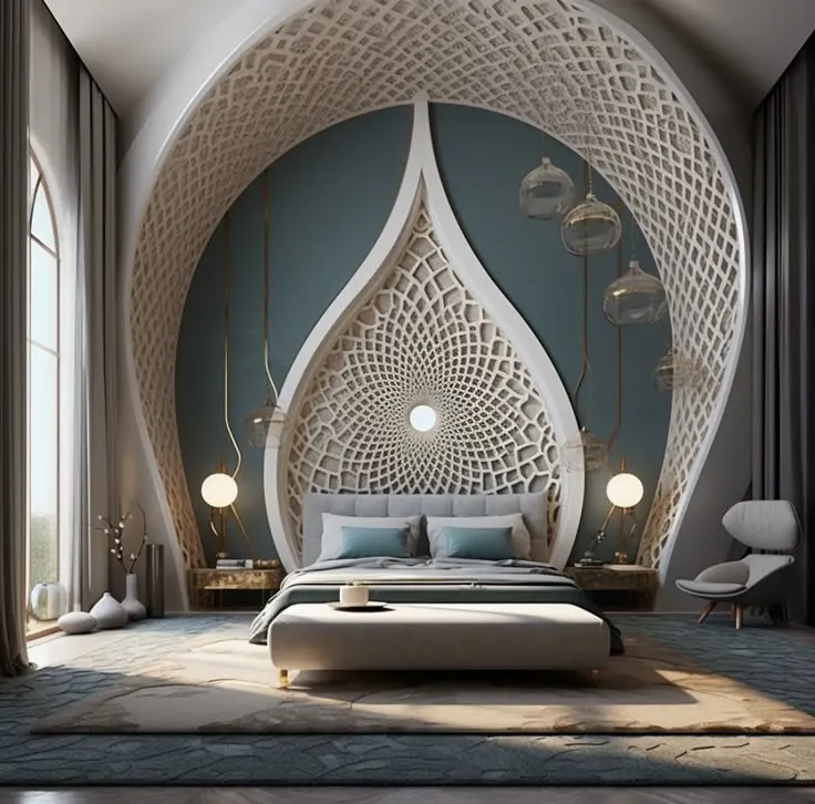 Artistic bedroom, sculptural bed frame, modern design.