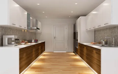 Modern parallel kitchen with white and brown cabinetry