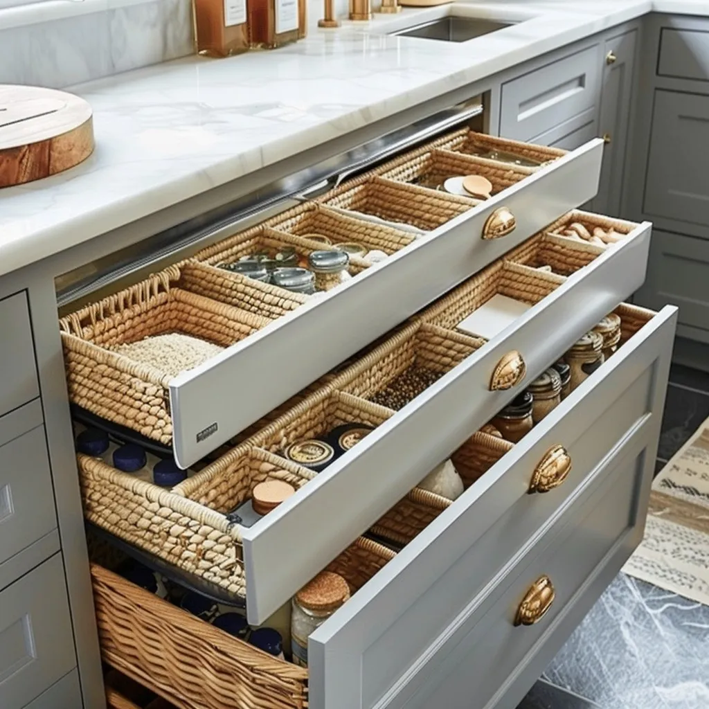 Modern parallel kitchen design with sophisticated gray cabinetry, gold hardware, and pull-out drawers