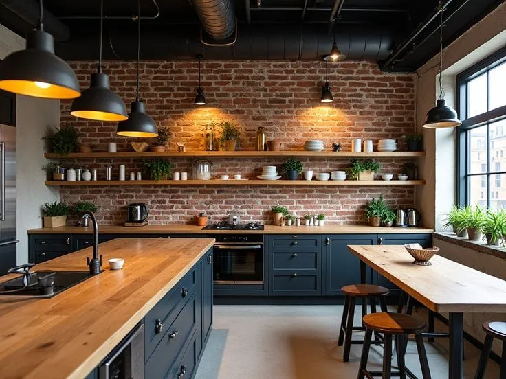 Industrial-style kitchen with brick wall, wood shelves, and black cabinets.