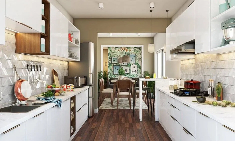 Modern parallel kitchen with white cabinets and wooden flooring.