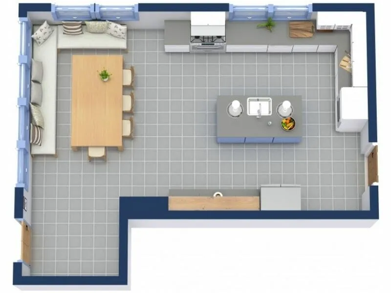 modern open-concept kitchen floor plan featuring an L-shaped counter