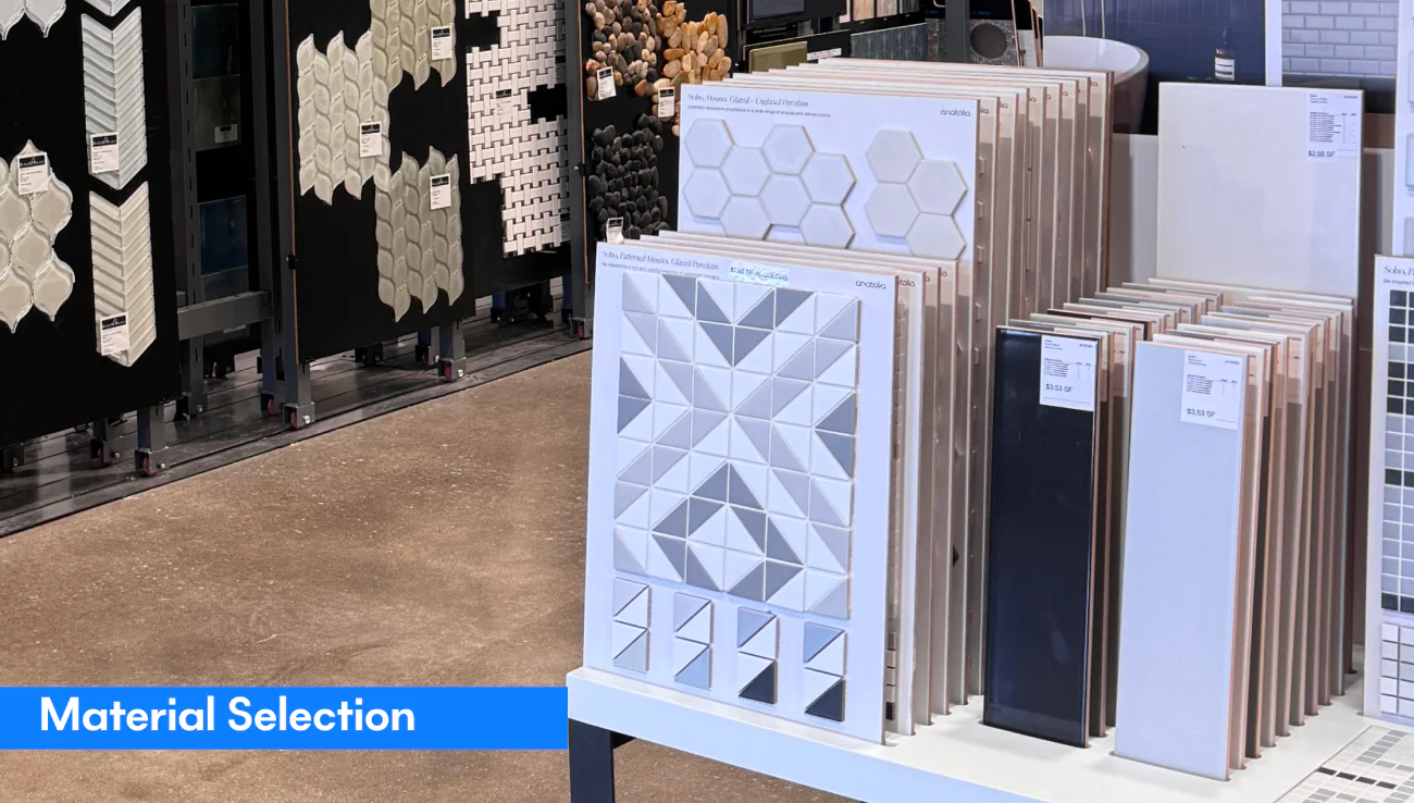 modern tile showroom displaying various kitchen wall tile options, including hexagonal, geometric, and subway-style tile