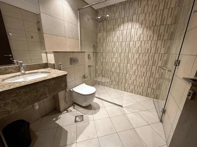 Modern 1 BHK bathroom design, walk-in shower.