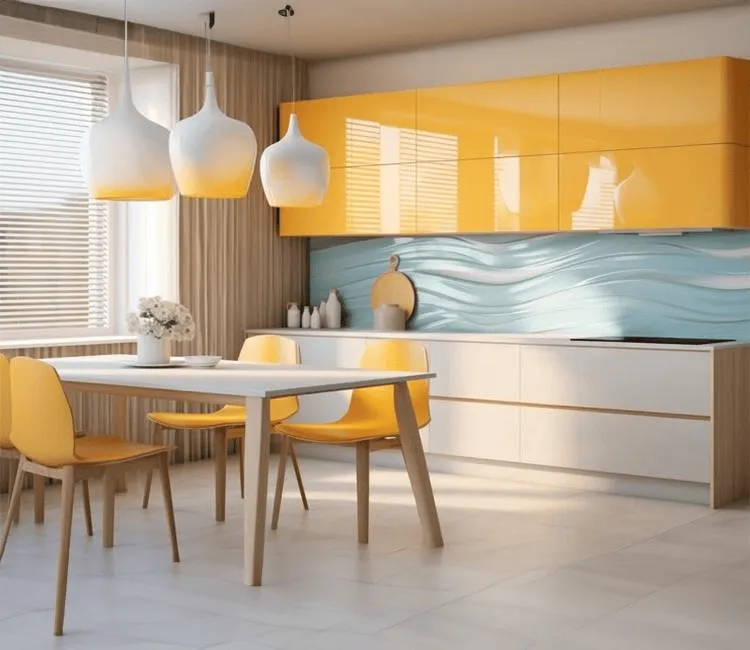 Modern 1 BHK kitchen, dining: Yellow accents.