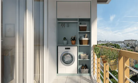 1 BHK laundry: Balcony setup, storage.