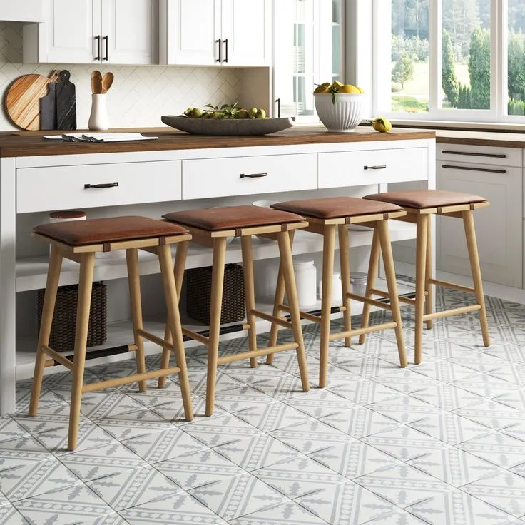 Kitchen bar stools, island seating, tile floor, interior design guide.