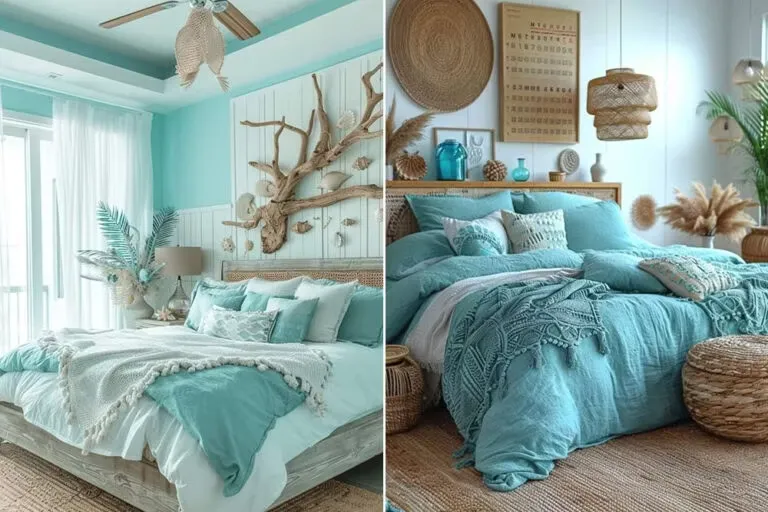 Coastal-style bedroom with a refreshing bedroom wall color combination