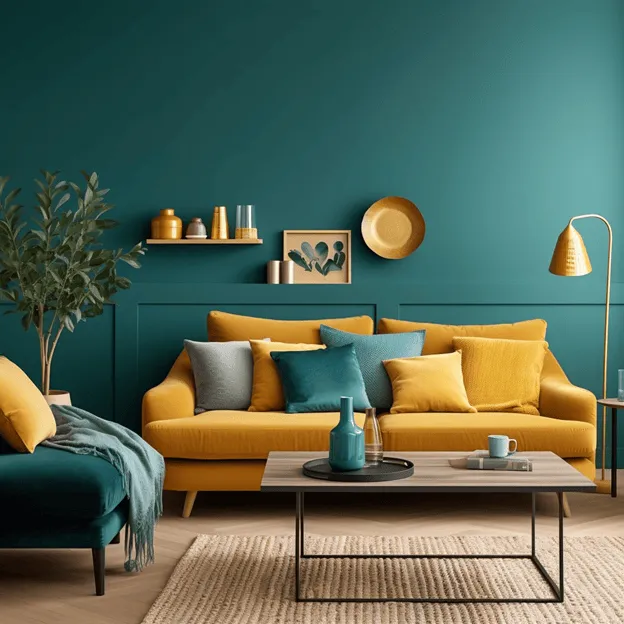 Modern living room with a stylish bedroom wall color combination featuring teal walls