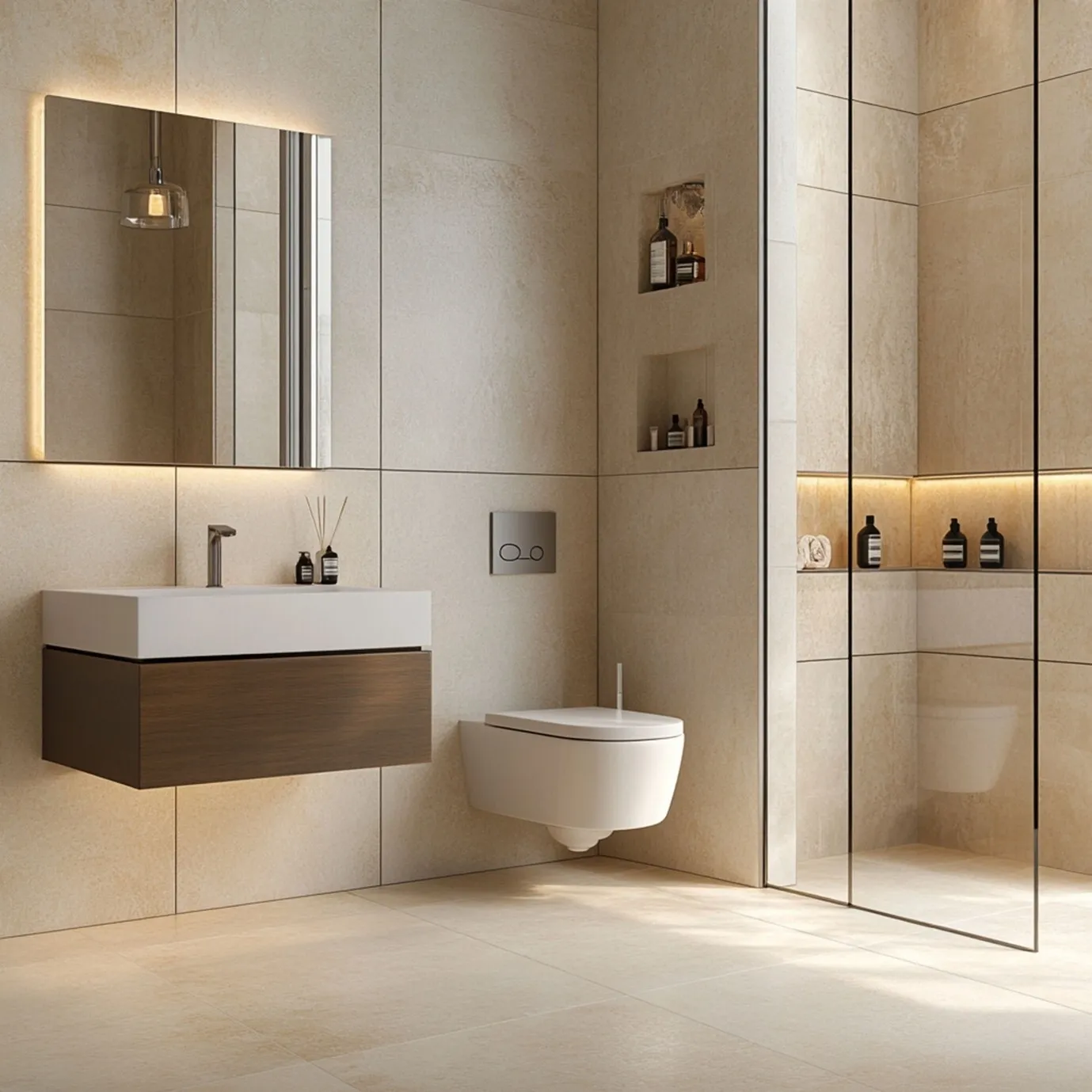 beige tile bath with wood sink and glass shower in a light room design