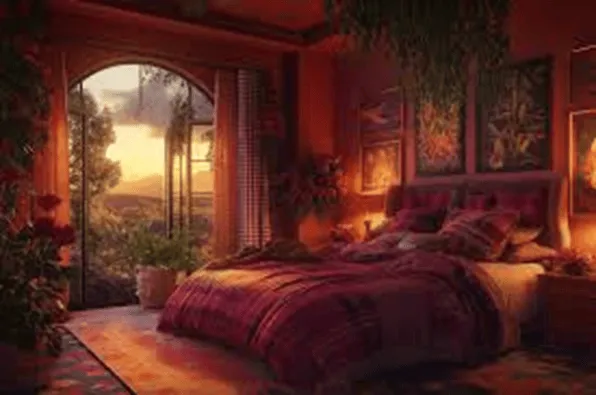 Romantic sunset-themed bedroom wall color combination