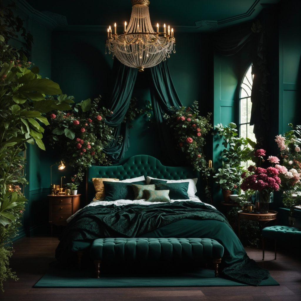 Bedroom ideas for couples with rich green tones and floral accents