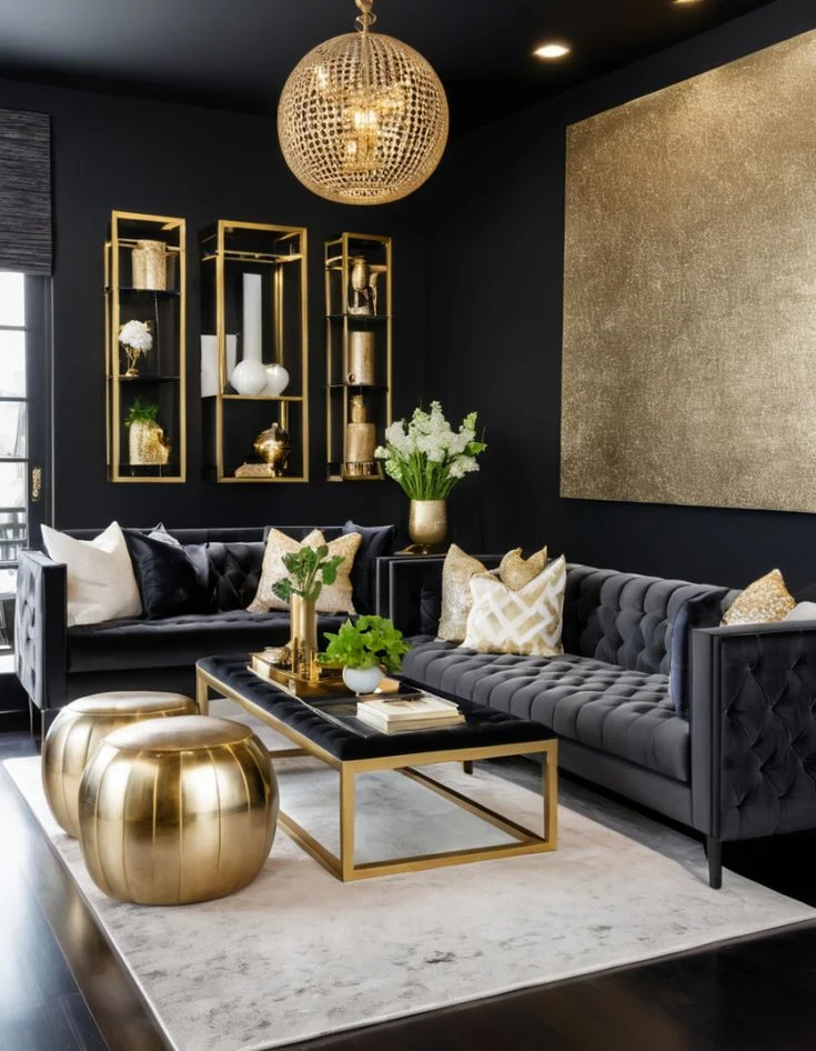 Dramatic Black & Gold Modern Living Room