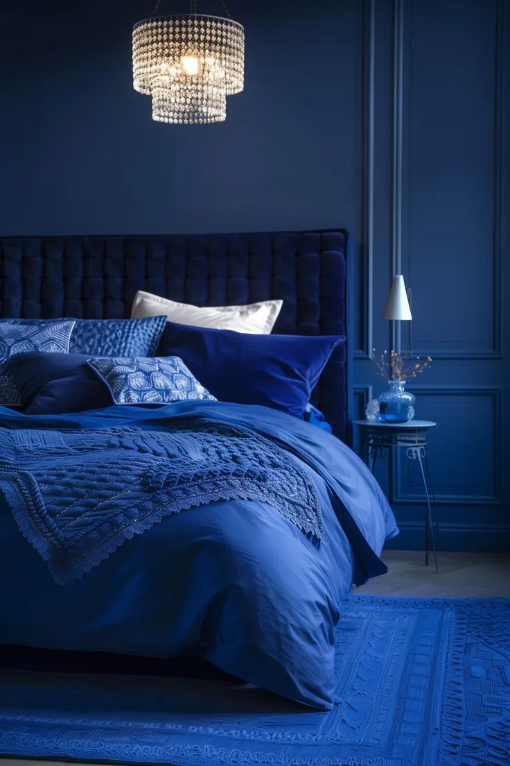 Luxurious blue bedroom with velvet bedding and crystal chandelier.