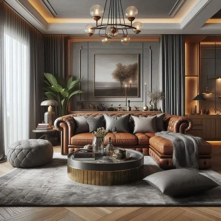 Elegant charcoal and gold living room with a luxurious touch