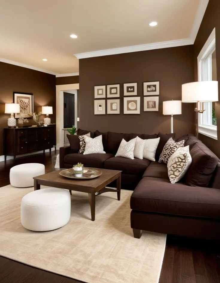 Warm brown living room with cozy seating and stylish decor