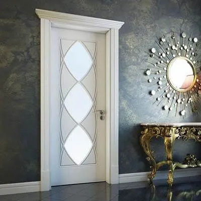 Paneled bedroom door, decorative glass, classic design.