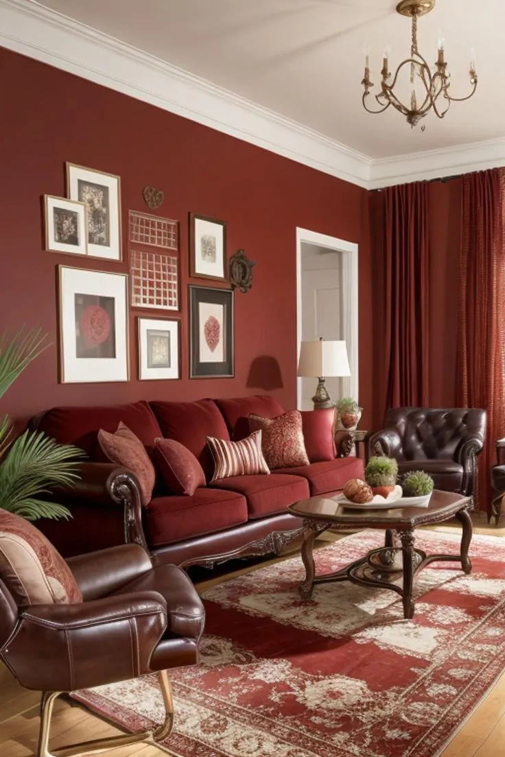 Classic red elegance living room with rich tones and decor