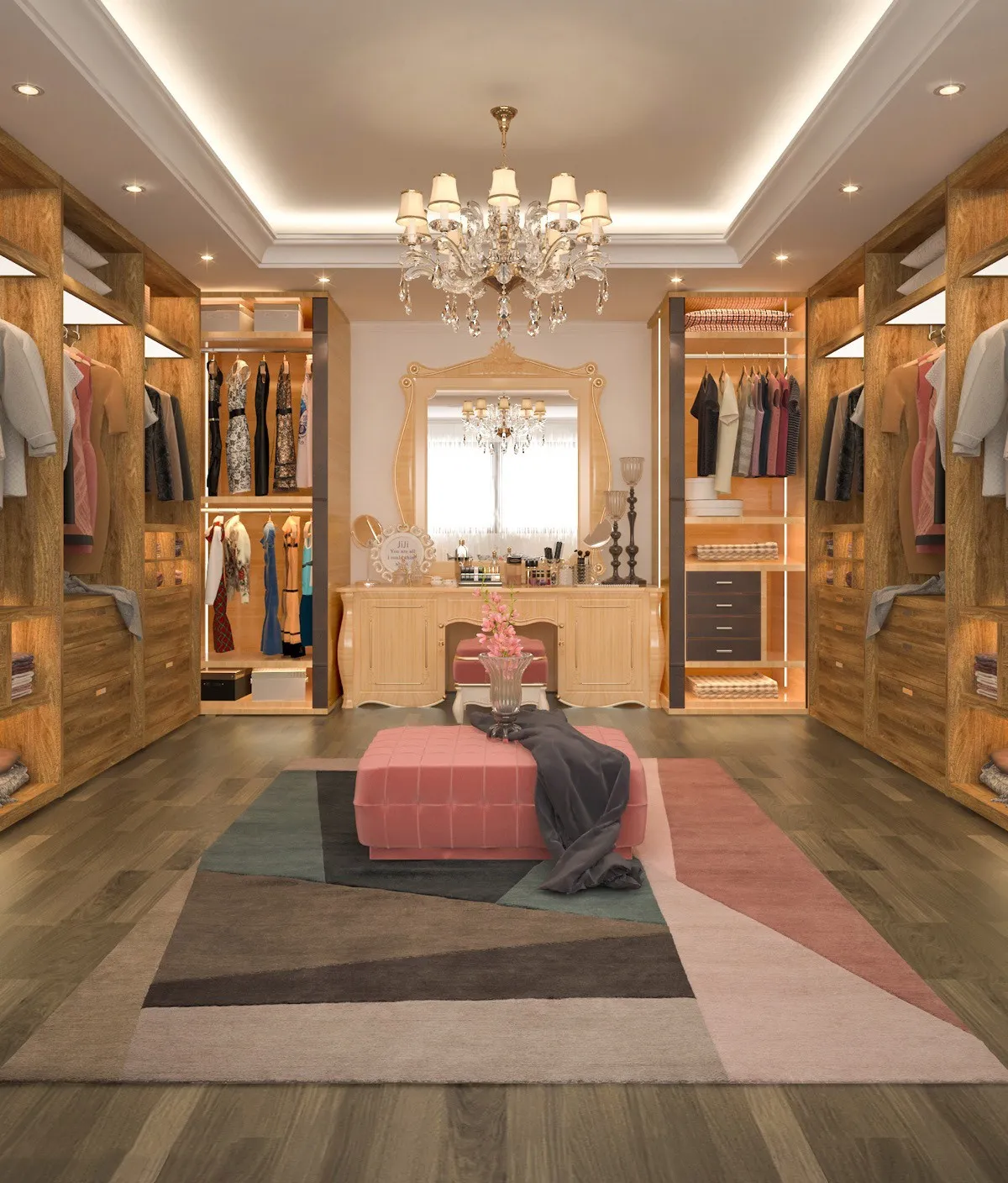 Elegant, classic walk-in wardrobe with wood cabinets, dressing table, and chandelier.