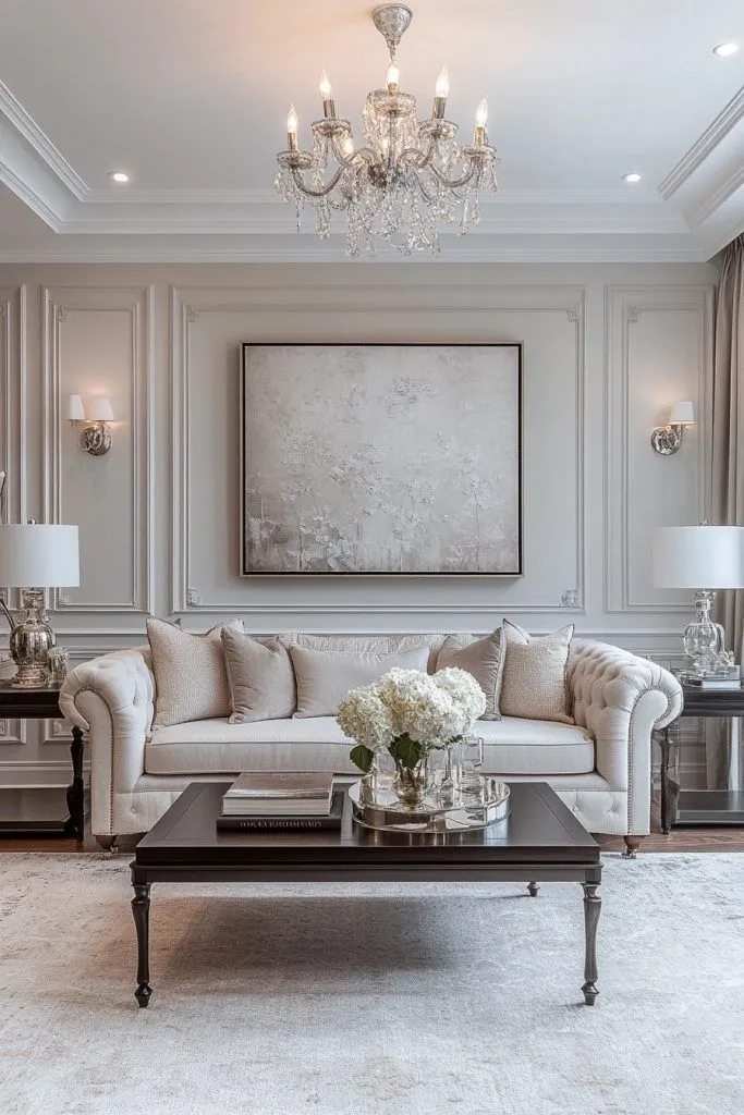 Classic white living room with tufted sofa and elegant chandelier