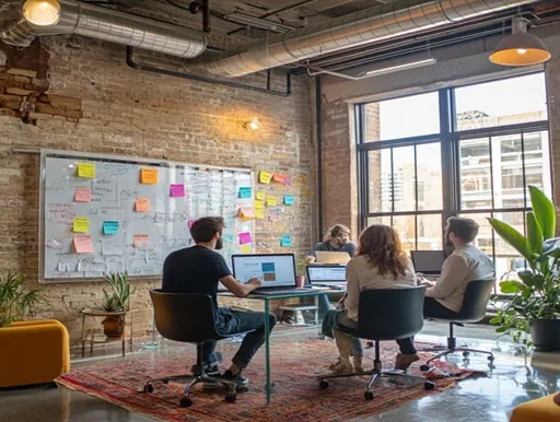 People work in a bright, open office space