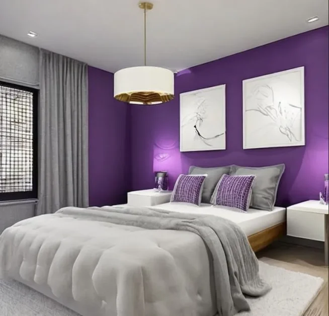 Modern bedroom with a bold bedroom wall color combination featuring a purple accent wall