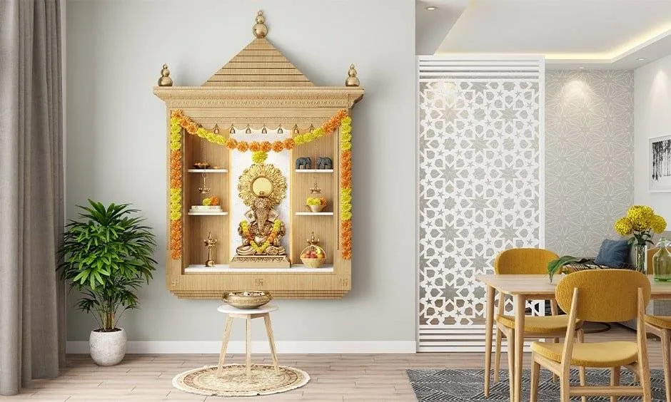 Modern wooden Mandir design for home with storage.