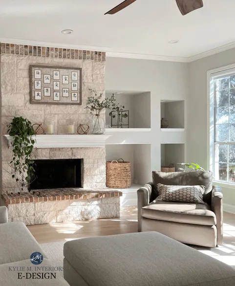 Transitional Living Room Interior Design with stone fireplace.