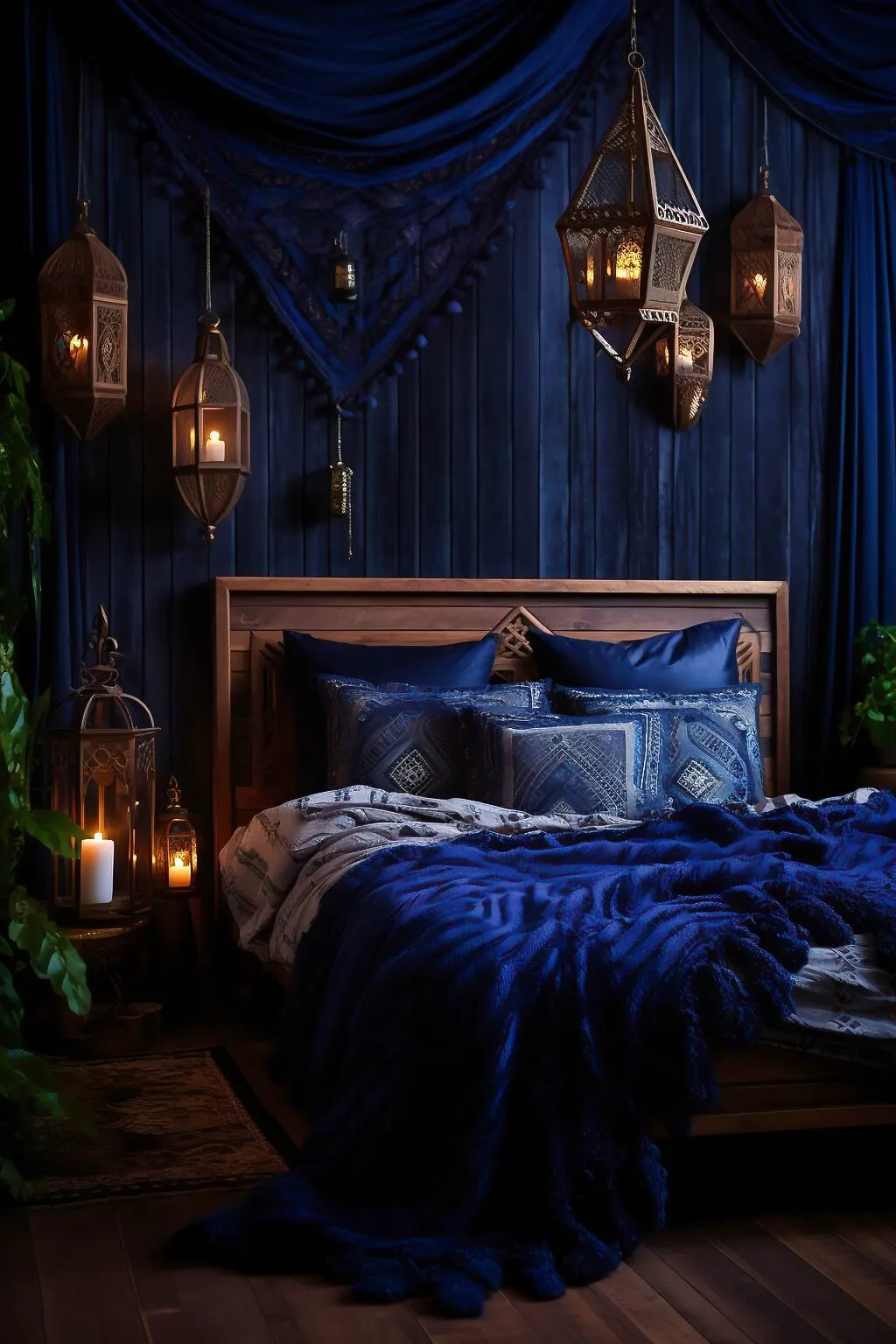 Boho bedroom with deep blue walls, lanterns, and soft bedding