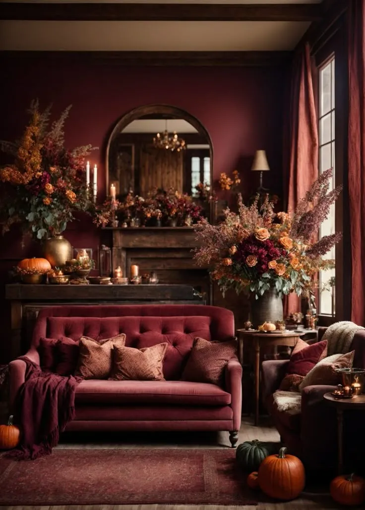 Deep ruby red living room with warm lighting and rich textures