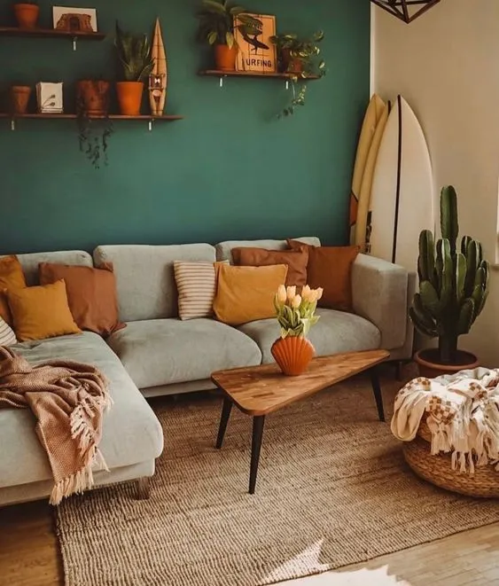 Bohemian Living Room Design with Teal Wall