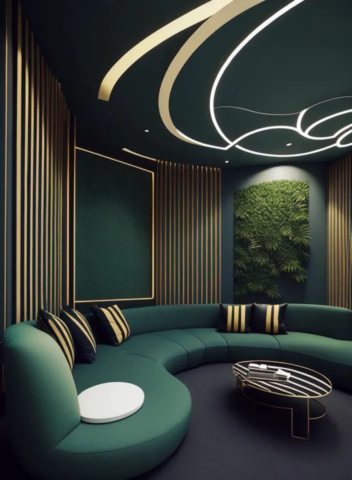 Modern dark green living room with gold accents and sleek lighting