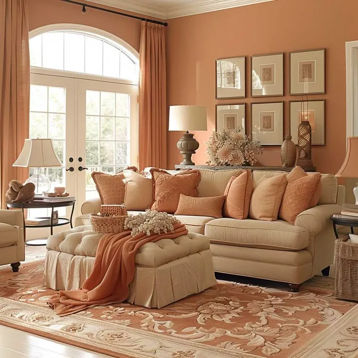 Warm earth-toned living space with soft textures and classic decor