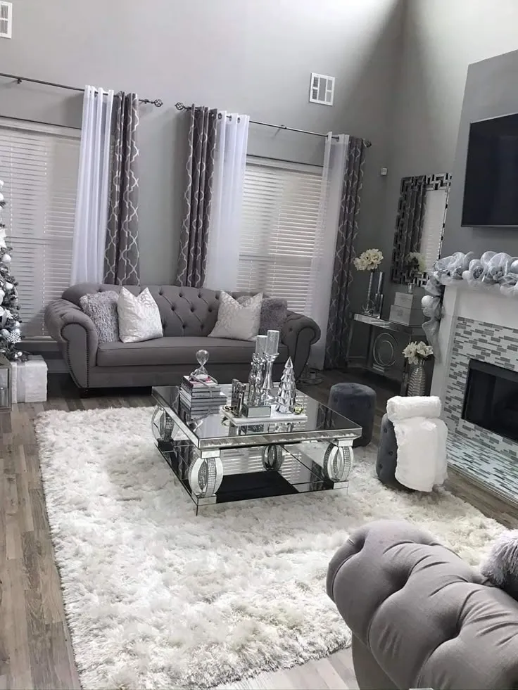 Elegant silver glam living room with plush textures and decor