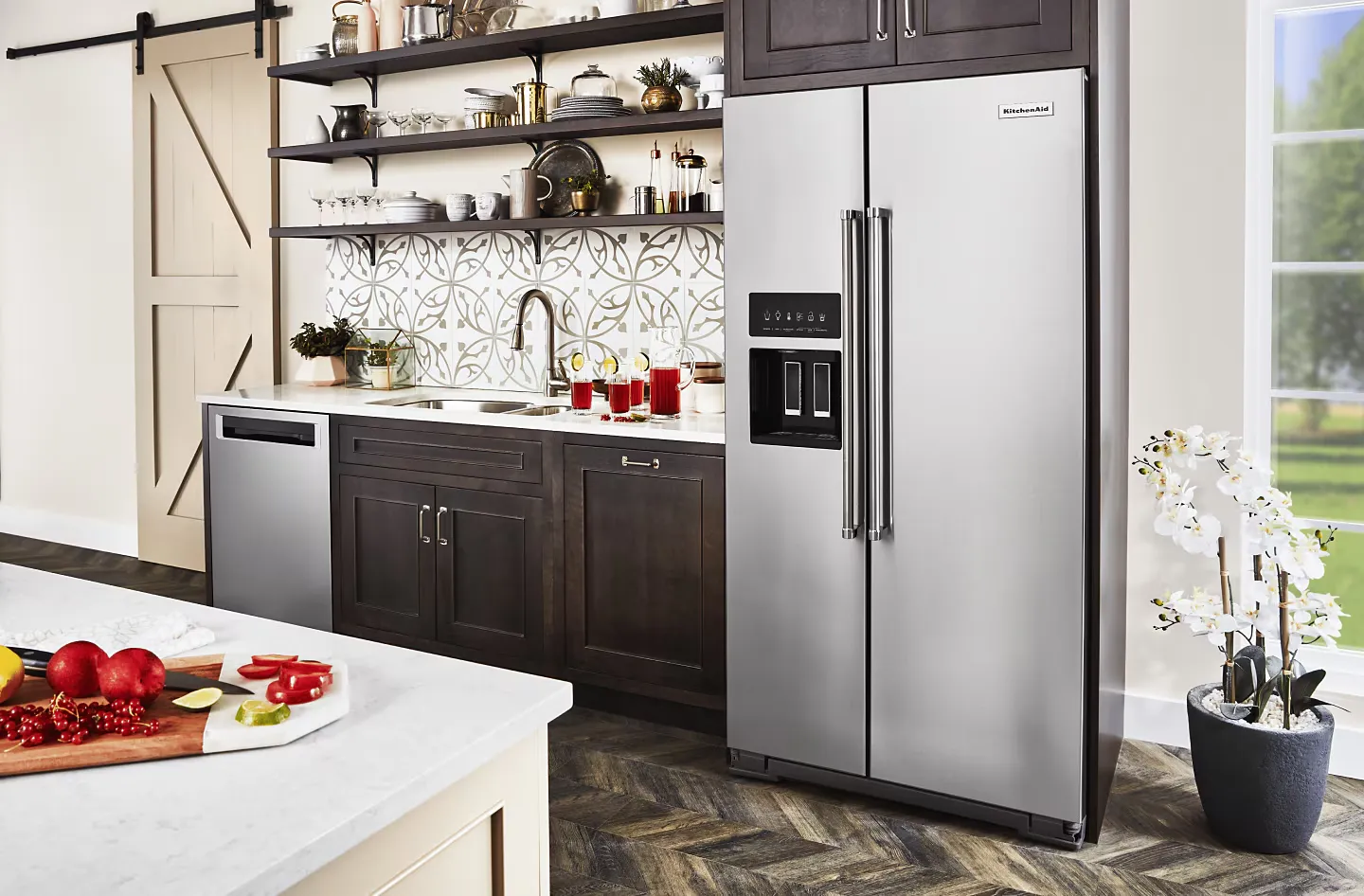  KitchenAid fridge, kitchen interior, shelving, appliance guide.