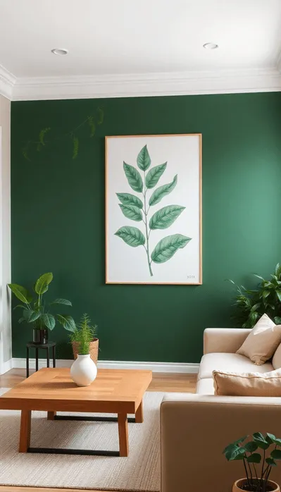  Living room with Green wall having botanical print