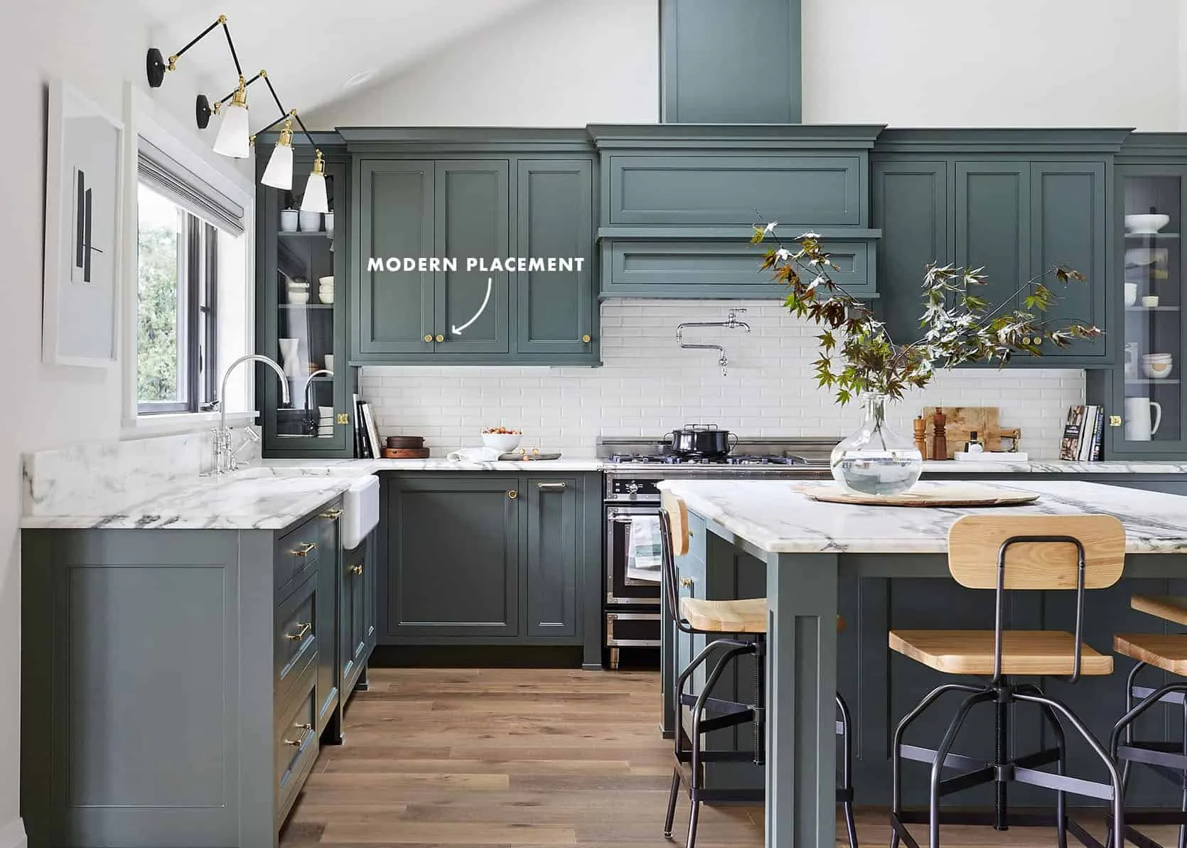 Green kitchen cabinets, island, modern placement, interior design guide.