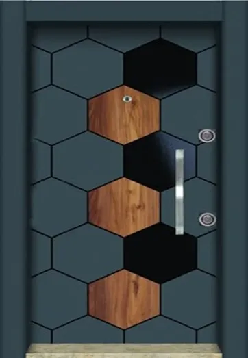 Hexagonal panel bedroom door, wood, dark, modern design.