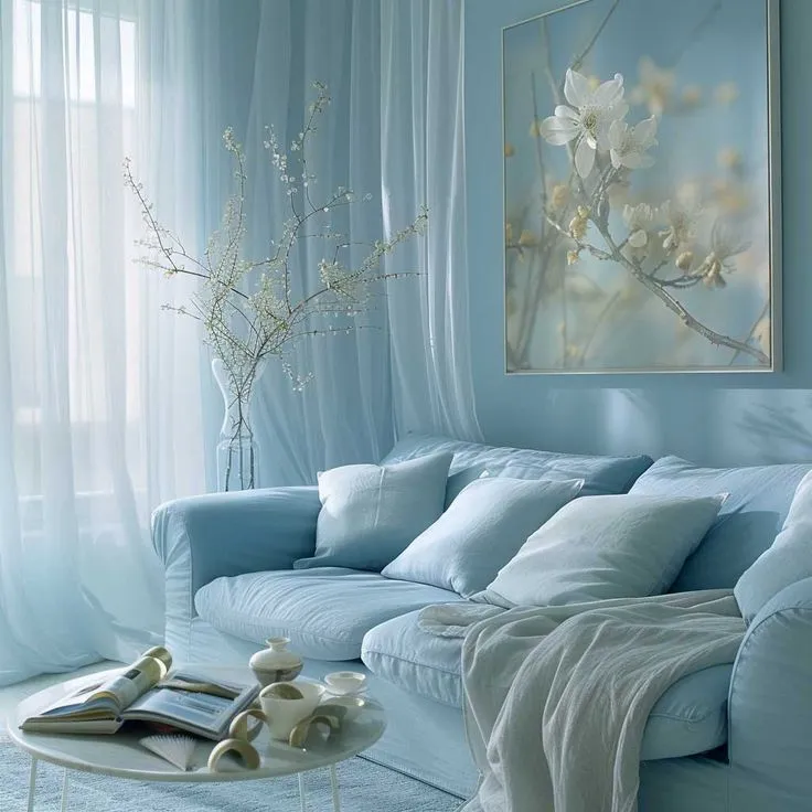 Soft ice blue living room with cozy textures and floral decor