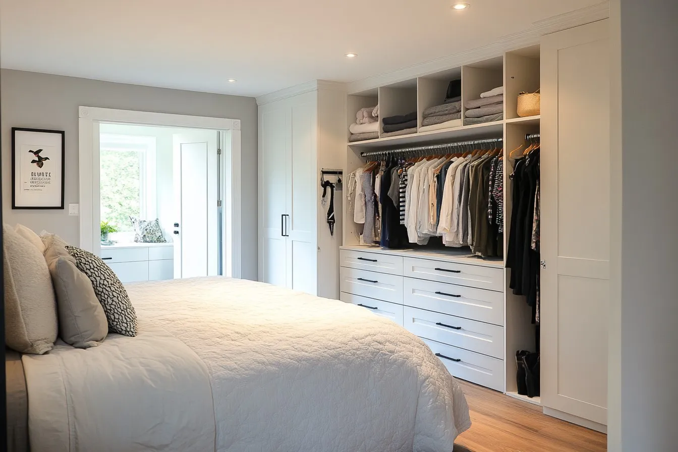 Simple bedroom design for couple with an organized open wardrobe.