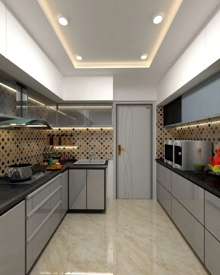 Modern parallel kitchen with glossy cabinets and warm lighting