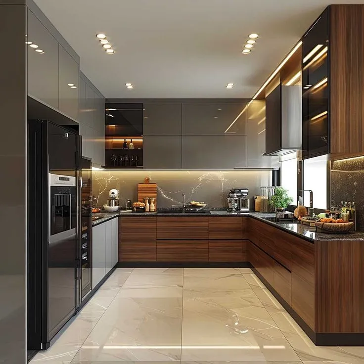 Modern L-shaped kitchen with wooden and glossy cabinets, LED lighting