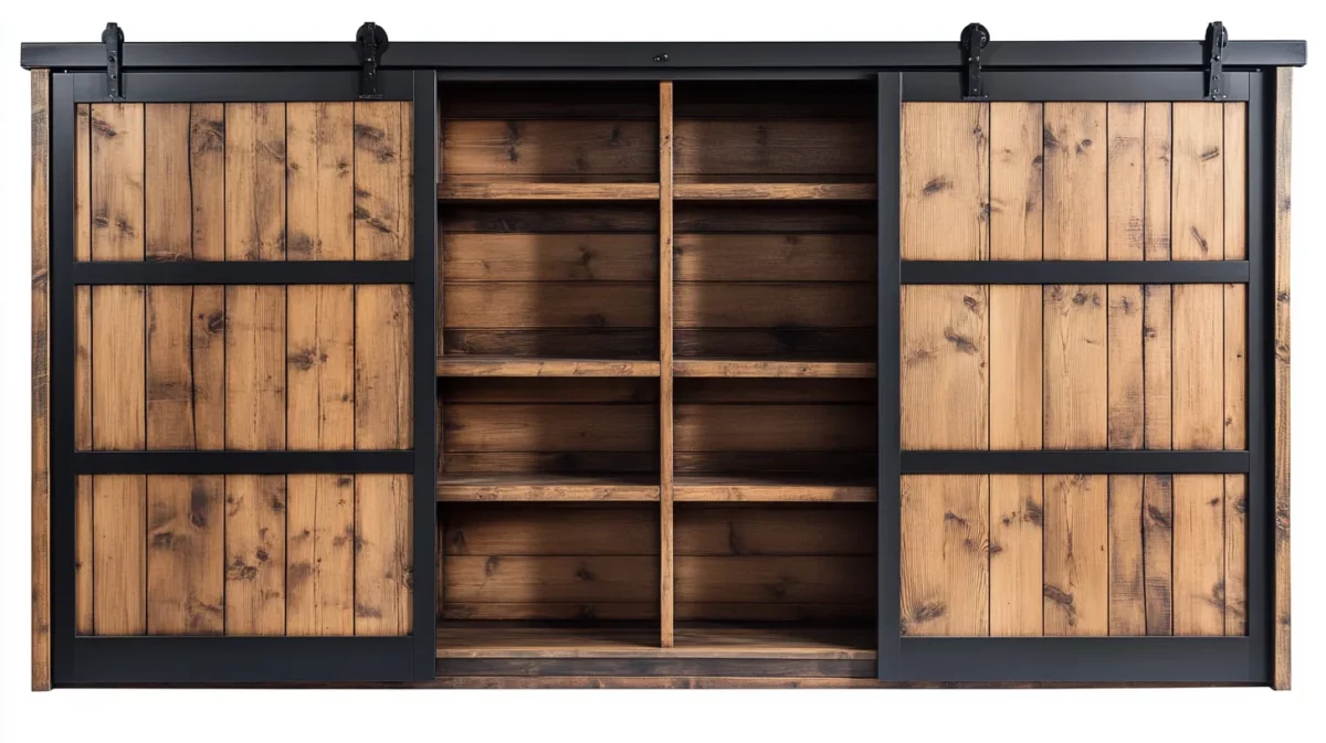 Rustic wooden wardrobe with sliding barn doors.