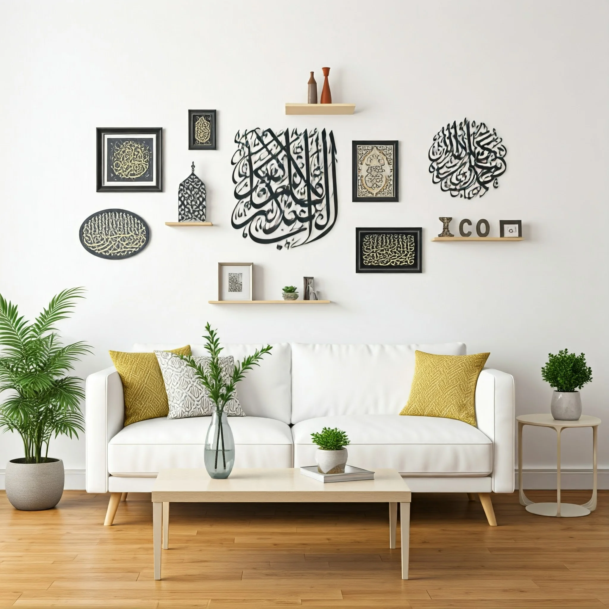 Islamic-style living room with calligraphy and neutral decor