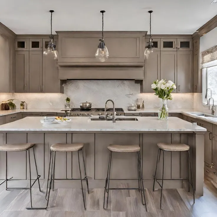 Elegant kitchen with a large island, pendant lights, and seating