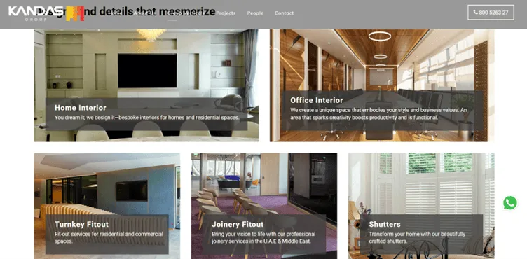 interior design website with grid layout service images and clean style